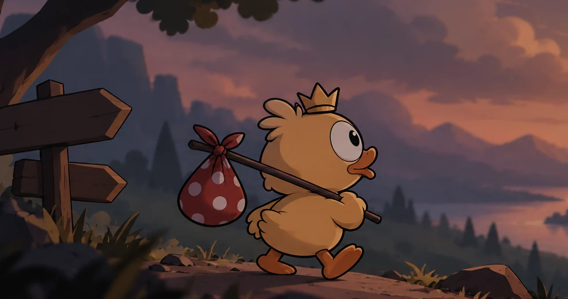 Neo walking past a signpost with his polka-dot bindle, toward a castle at sunset