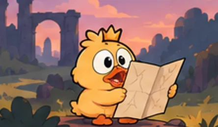 Neo reading a paper map in front of old ruins